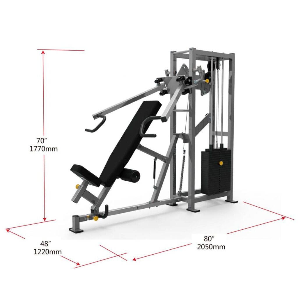 Biangular trainer fitness machine provides six exercises in one machine with dimensions